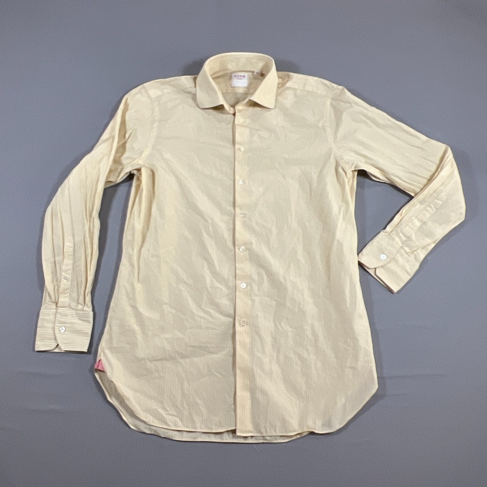 Pink Dress Shirt Men 15.5 Beige White Stripe Cotton Barrel Cuff Button Up Formal